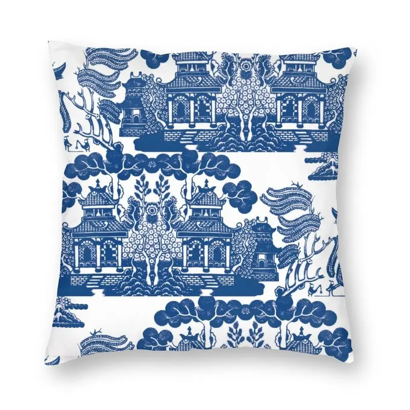 45x45cm Blue Willow Chinese Blue and White Porcelain Inspired Pillowcase Living Room Cushion Cover Square Pillowcase