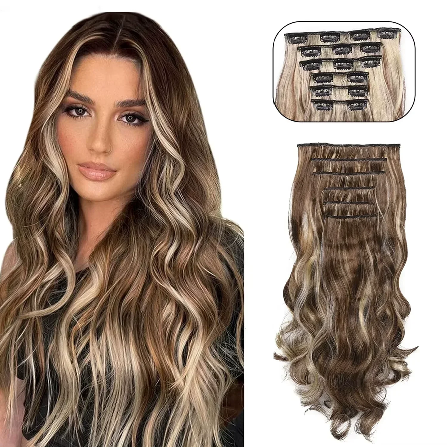 Synthetic Long Wavy Hair Extensions 24 Inch Clip in Fiber Double Weft Thick Hairpieces for Women Party Daily Cosplay Styling