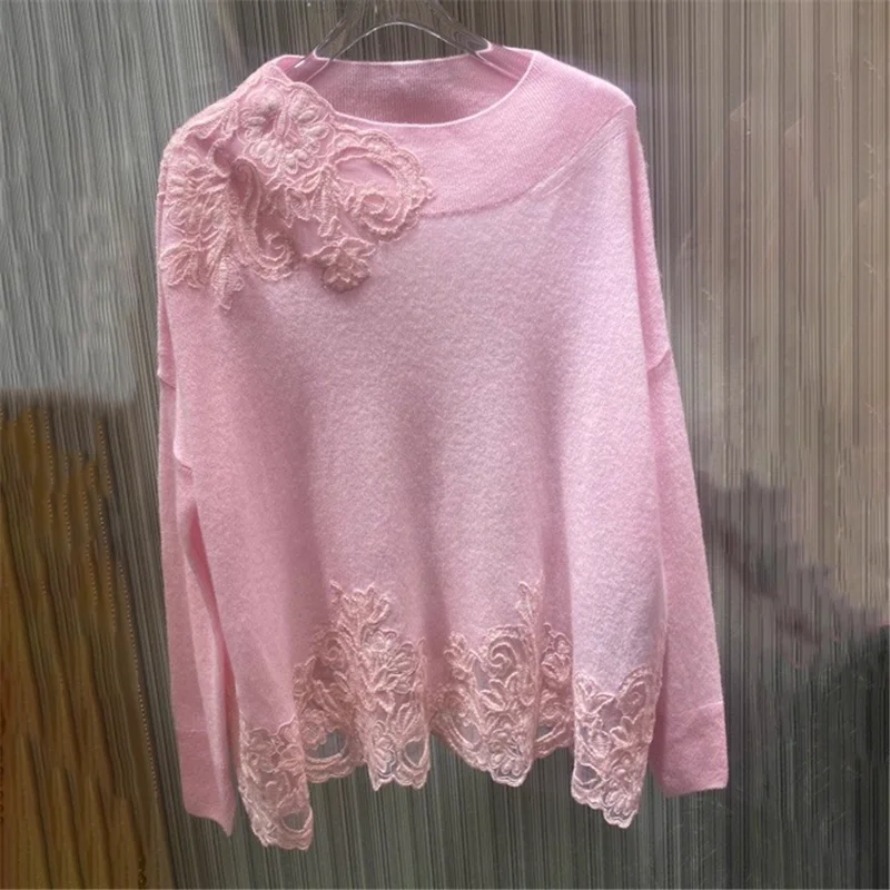 

High Quality Cashmere Sweater Women's Pink Knitted Pullover Fashion Ladies Embroidered Sweaters