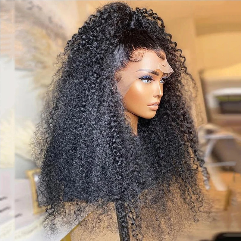 Perruque Lace Front Wig 5% naturelle crépue bouclée sans colle, haute densité, naissance des cheveux naturelle, pre-plucked, pour femmes noires