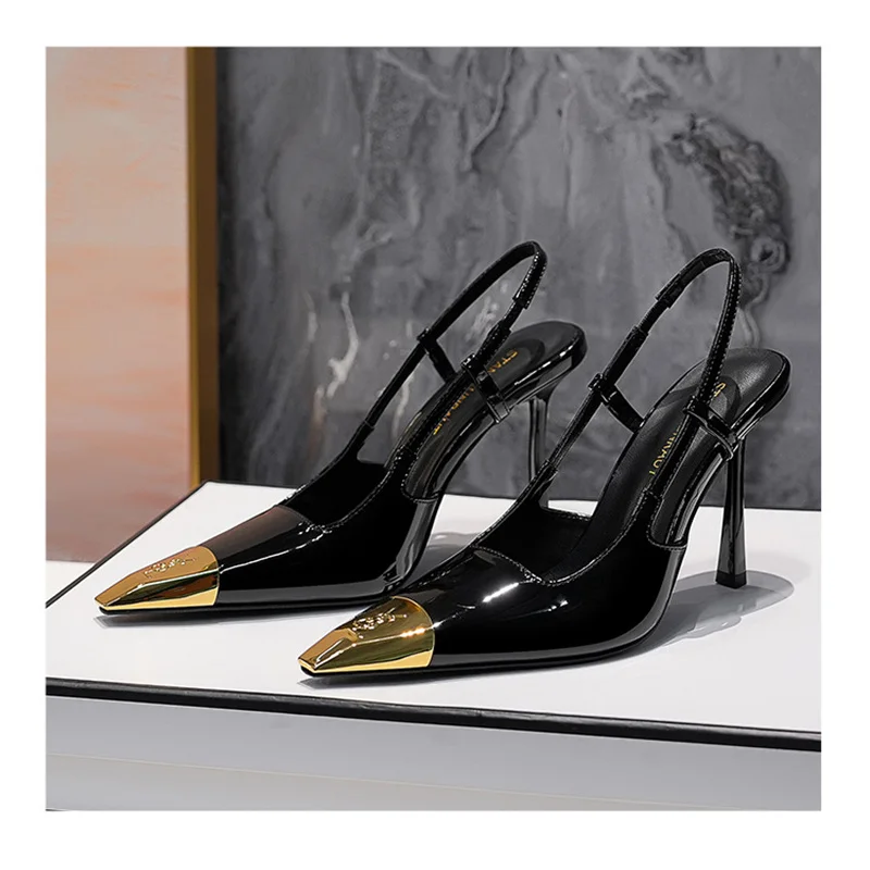 New Summer Women's High-heeled Sandals Gold Iron Head Patent Leather Black Stiletto Square Head Closed Toe Sling Back Shoes