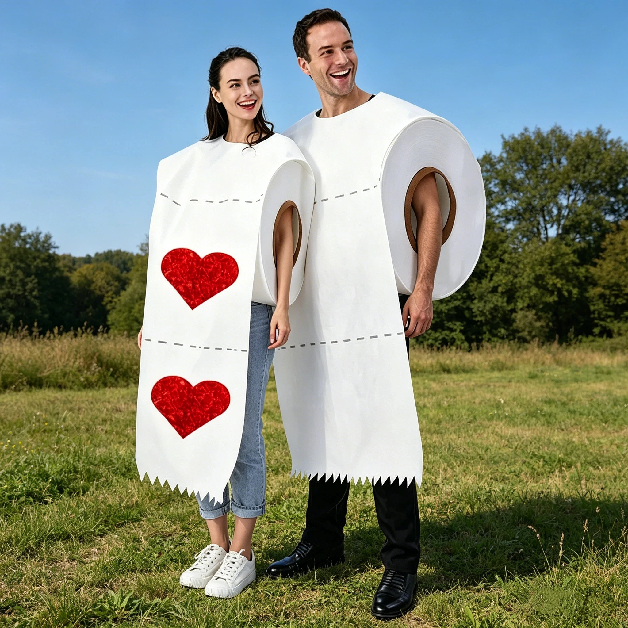 

Funny Couple Toilet Paper Costume White Roll Heart Printed Toilets Tissue Costumes For Men Women Halloween Carnival Party