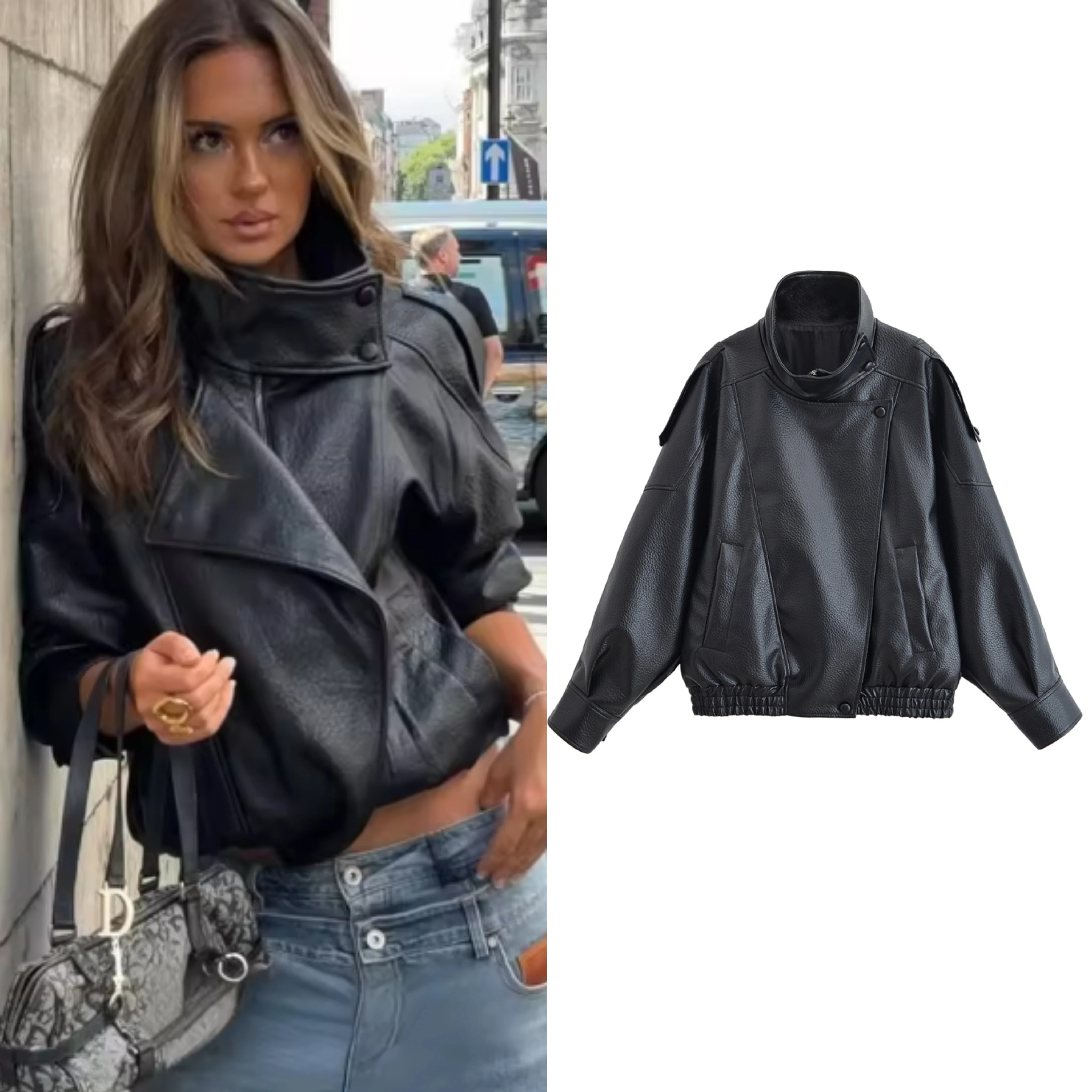 

zhio Women's Jacket Fall 2026 New Black Long Sleeve Pebble Faux Leather Jacket Motorcycle Style Personality Fashion