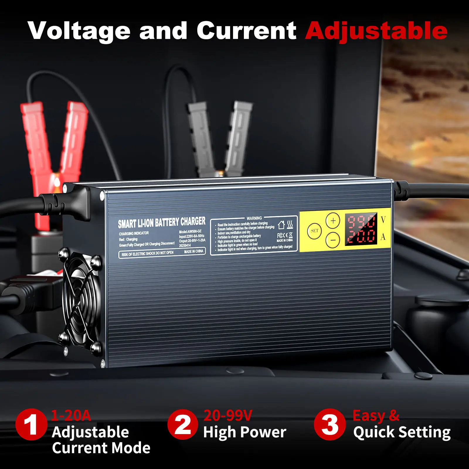20-99V 20A Adjustable Charger – 0-20A Var Voltage/Current for LiFePO4 Lead-Acid, E-bike Scooter Golf Cart