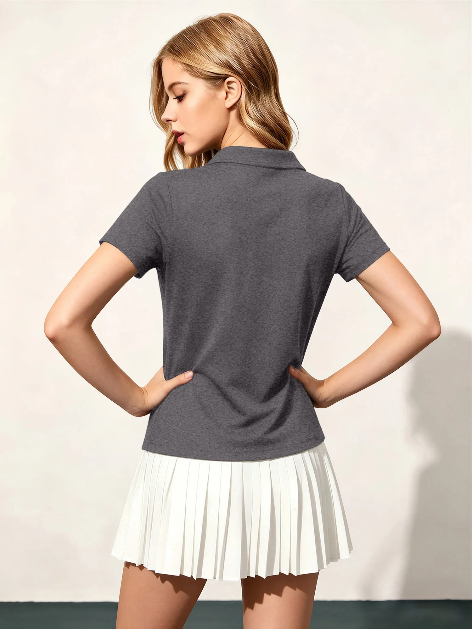 Vintage 90s Preppy Women Lapel Collar Polo Top Solid Color Short Sleeve Half‑Button Breathable Soft Tees For Golf Wear