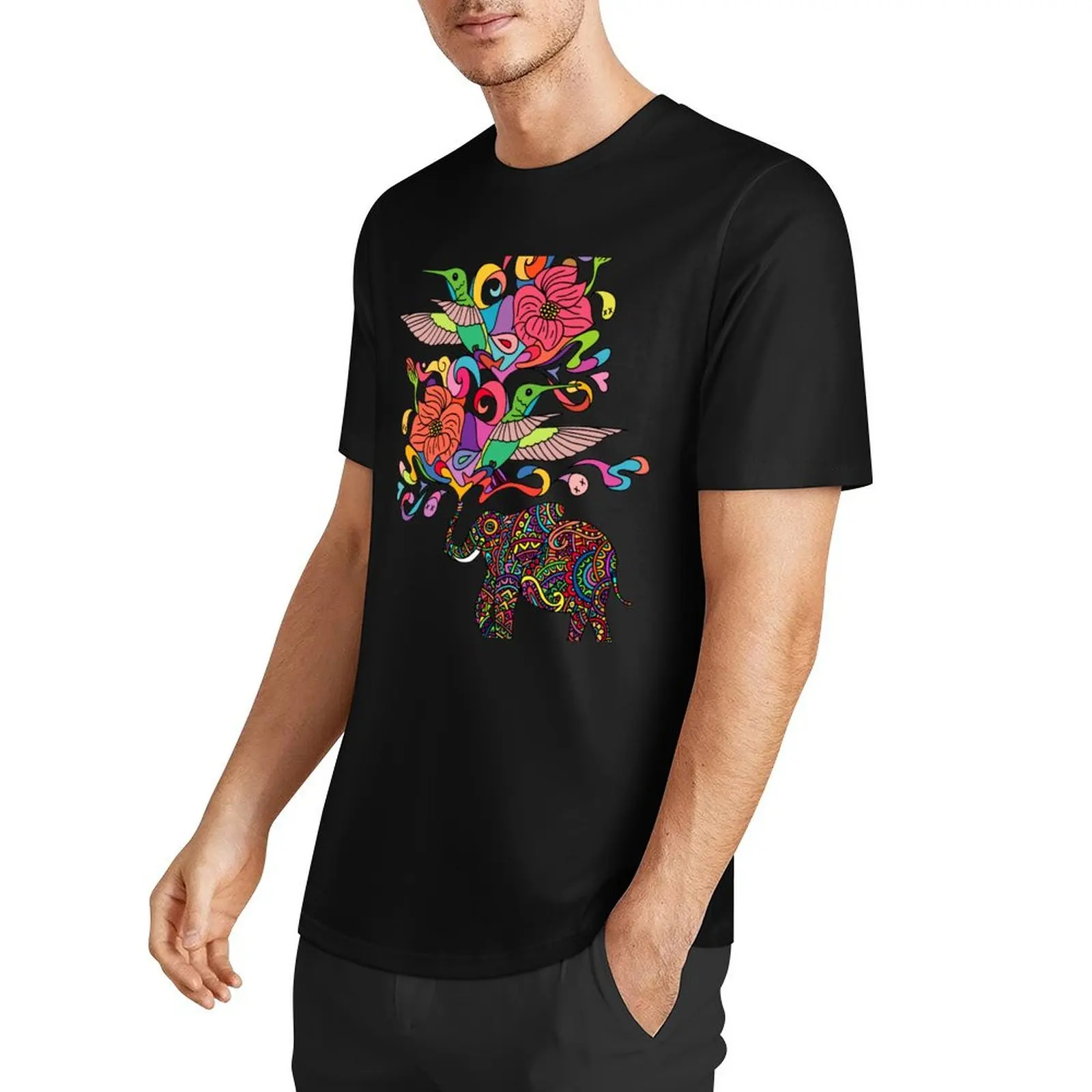 Lucky Elephant & Hummingbirds T-Shirt anime figures cute clothes vintage graphic tee blacks t shirt men