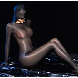 Open Crotch Lingerie Full Bodystocking Oil Glossy Shiny Hooded Package Bandage Cocoons Pantyhose See Through High Elastic Tight