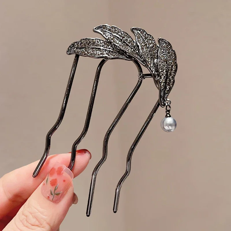 Antike Haarkämme im Blatt-Design mit Strass, U-förmige Perlen-Quasten-Haarnadeln, hochwertige Alltags-Haarschmuckstücke für Damen, französische Haaraccessoires