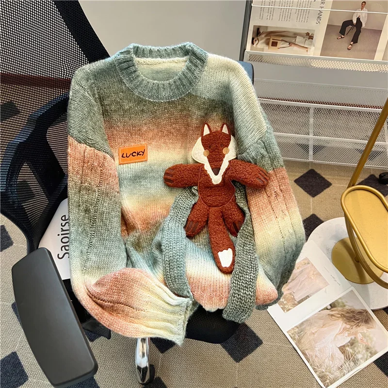 2024 Autumn Winter New Gradual Color Striped Cartoon Fox Sweater Women\'s Western Style Retro Loose Knitted Sweater Design Top