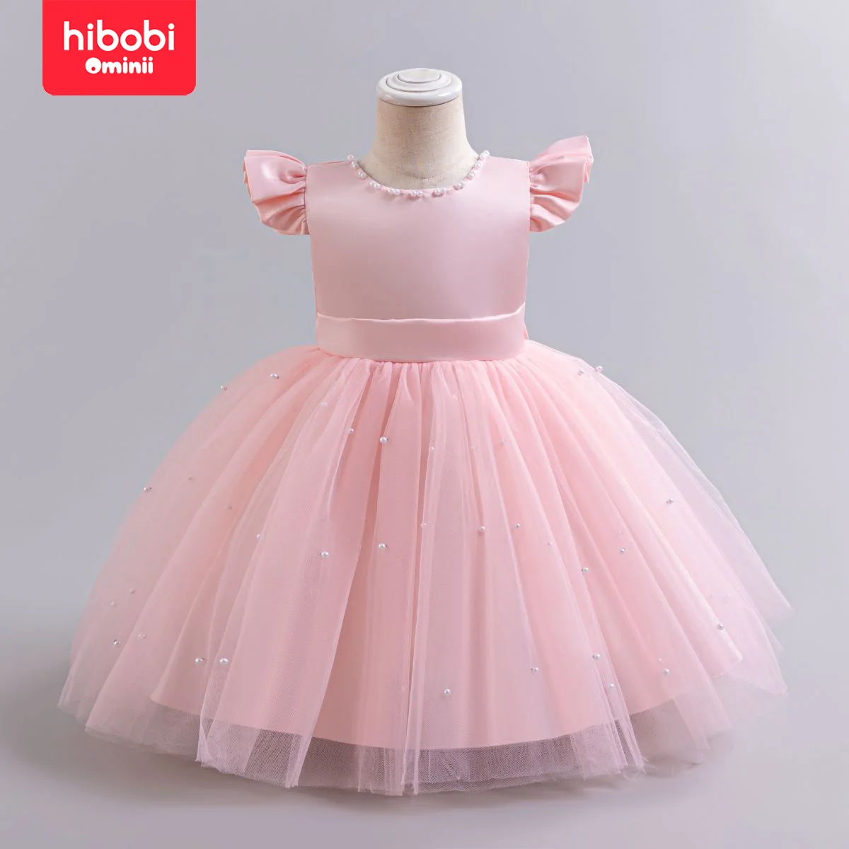 hibobi Girls Princess Dress Elegant Solid Color Knee-Length Bow Pearl Mesh Backless Ballet Skirt Baptism Wedding Party Dress