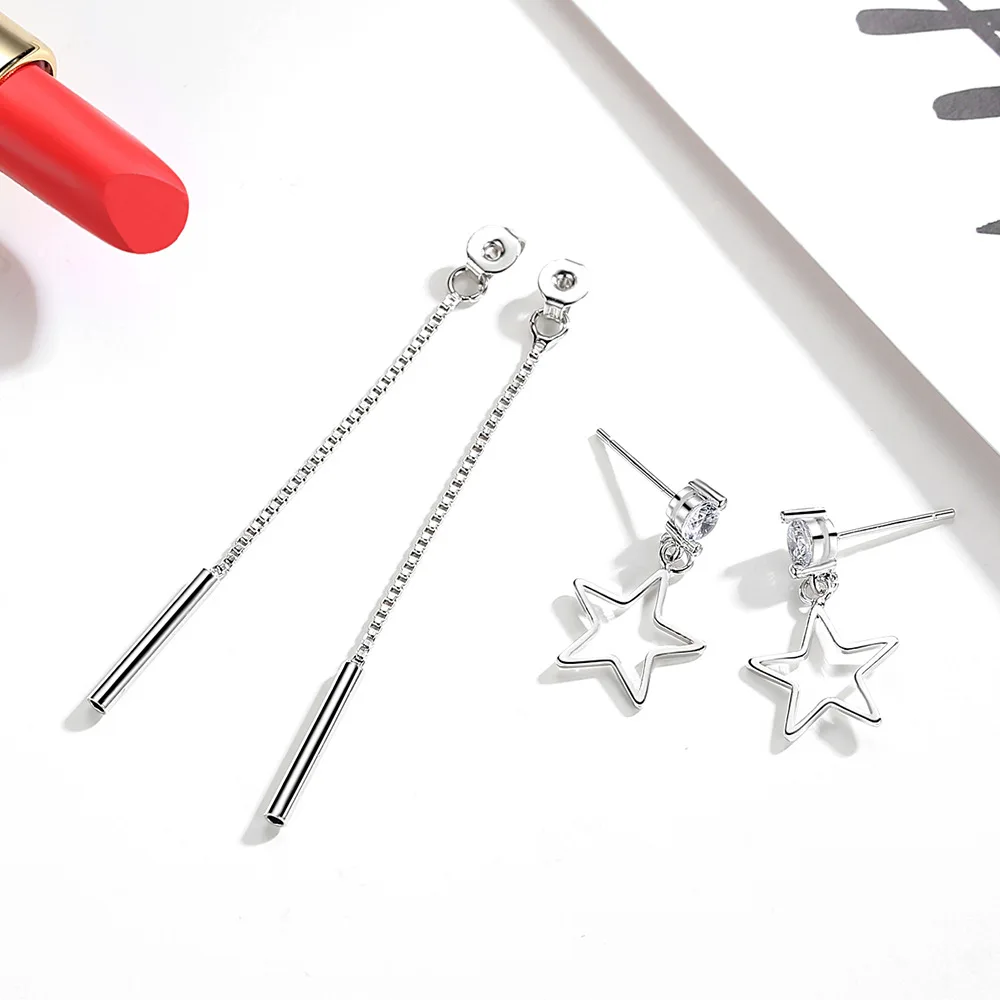 

925 Sterling Silver Fashion Versatile Zircon Hollow Pentagram Earrings Birthday Party Anniversary Gift