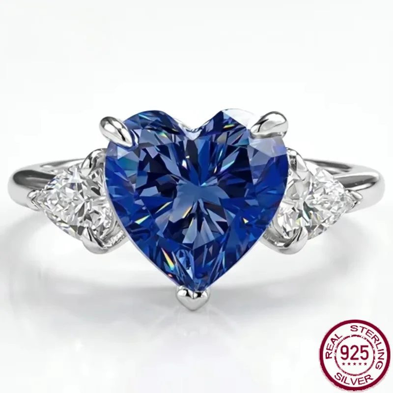 Yaranyan 925 Sterling Silver Heart Cut 9 MM Sapphire High Carbon Diamond Gems Ring for Women Wedding Engagement Fine Jewelry