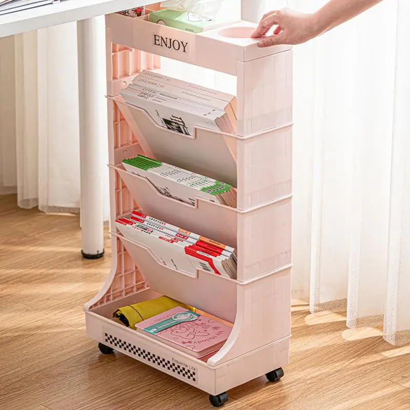 Large Capacity Oblique Bookshelf Desk Organizer Mobile Storage Rack Plastic Material Study Room Storage Solution 966 Model