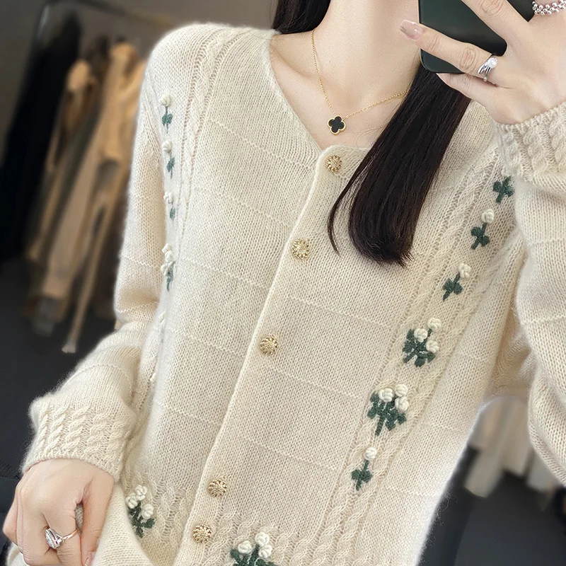 Women Cardigans 100% Cashmere And Wool Knitted Jackets 2023 Winter Warm Soft Long Sleeve Female Sweaters 3Colors Tops NJ01