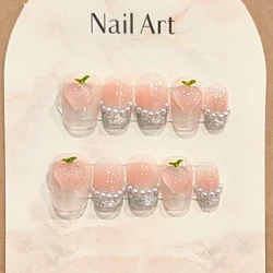 10Pcs Pink Handmade Press on Nails Full Cover Honey Peach Design Short Ballet False Nails Wearable Manicure Nail Tips For Summer