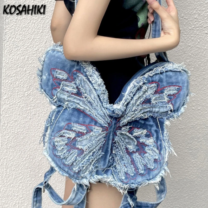 

Fashion Butterfly Embroidery Shoulder Bags Y2k Aesthetic Trendy Women Casual Backpacks Vintage Denim Harajuku Crossbody Handbags