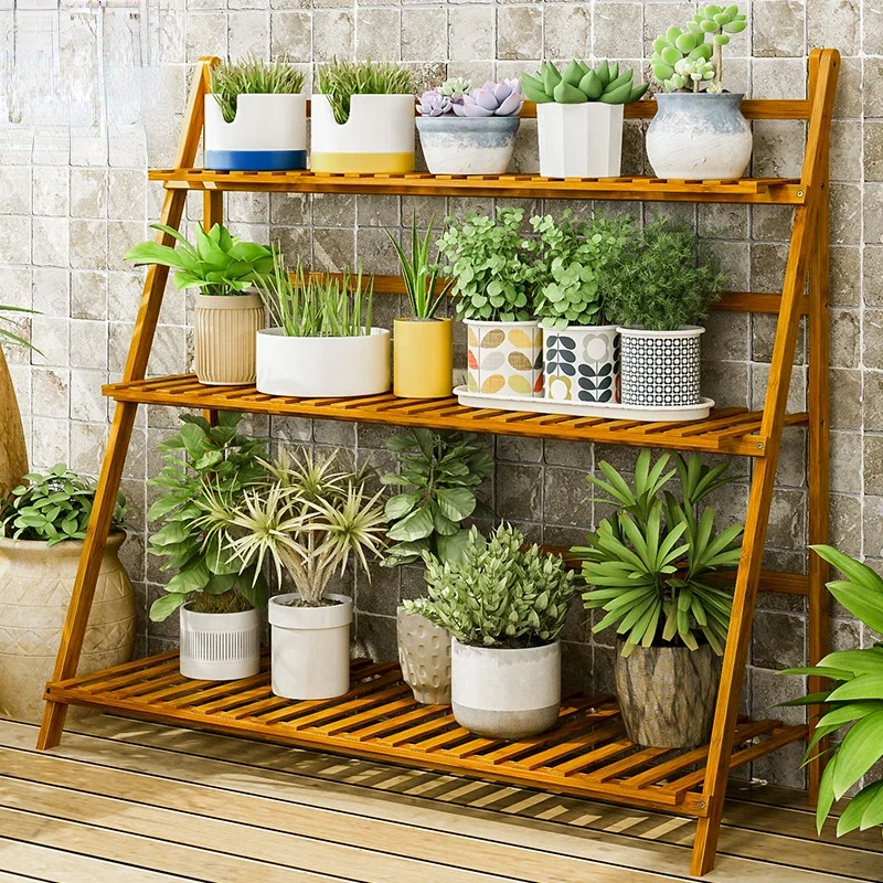 Storage Shelf Natural Bamboo Stand For Flowers Multi-layer Folding Bold And Thick Wild Scene Indoor Gardening Rack For Plants