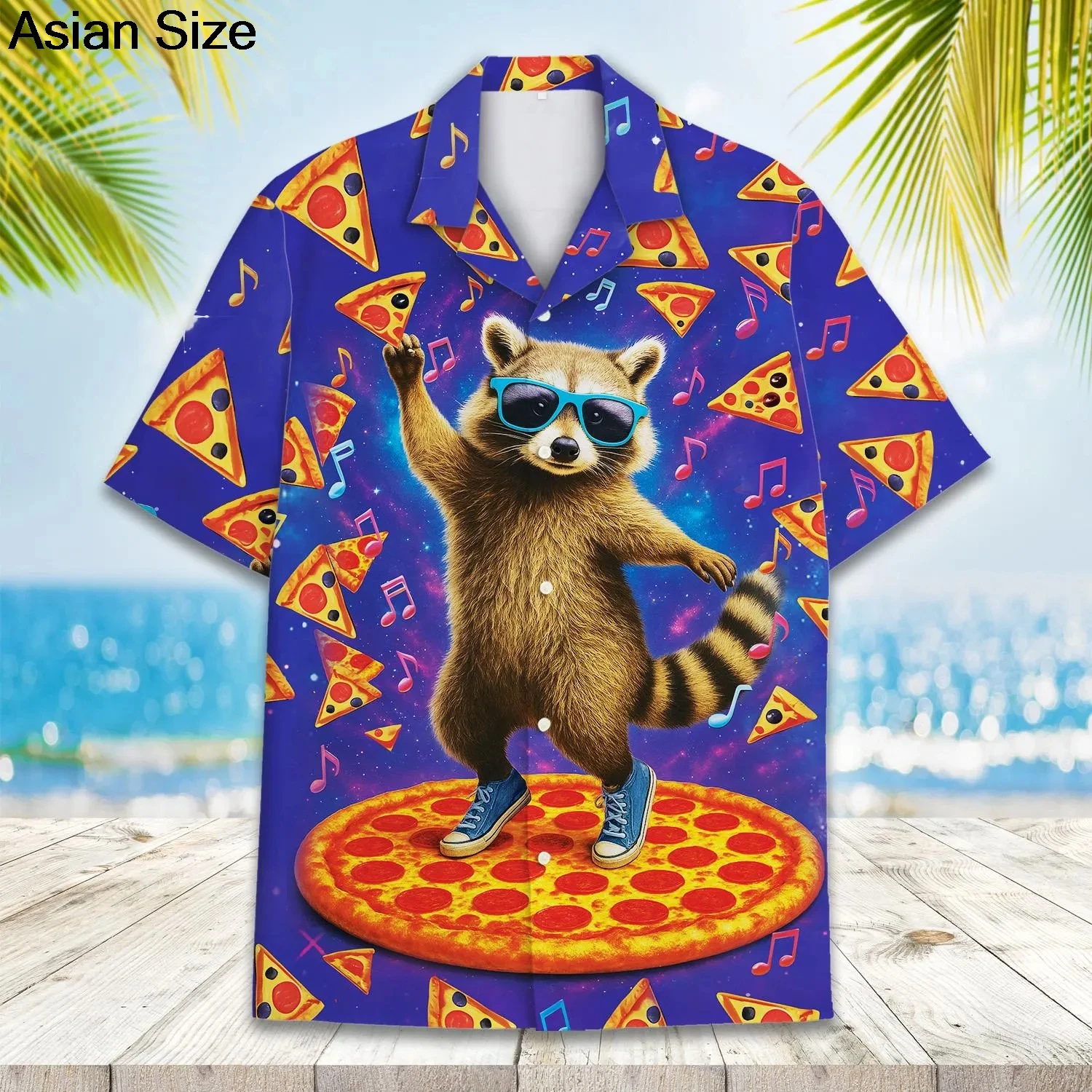 

Fun animal pizza Hawaiian short-sleeved shirt men music raccoon shirt Button space party shirt 2025 Vacation shirt