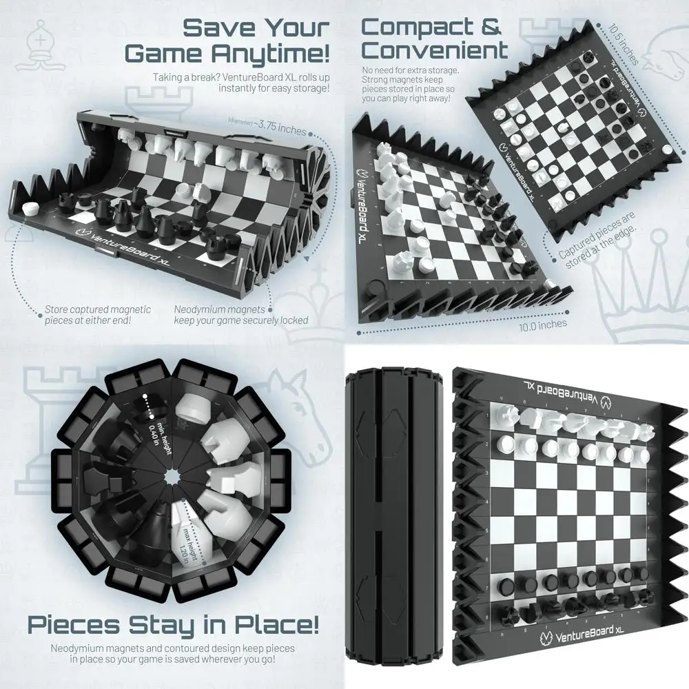 

Portable 10 Magnetic Chess Set with Folding Board - Travel-Sized Black/Grey
