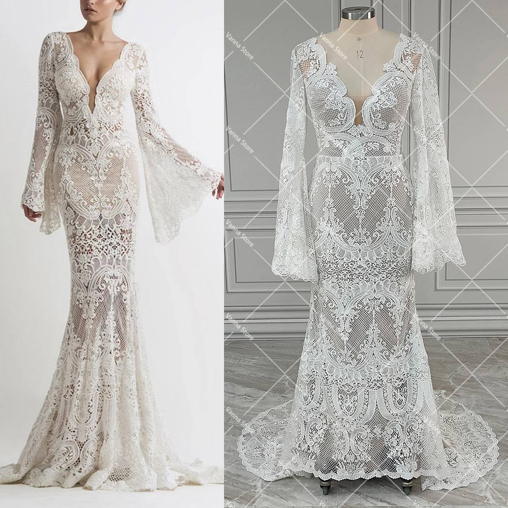 Abito da sposa con maniche lunghe a pipistrello Boho in pizzo intagliato su misura Plus Size sirena scollo a v abito da sposa Sexy con apertura sul retro