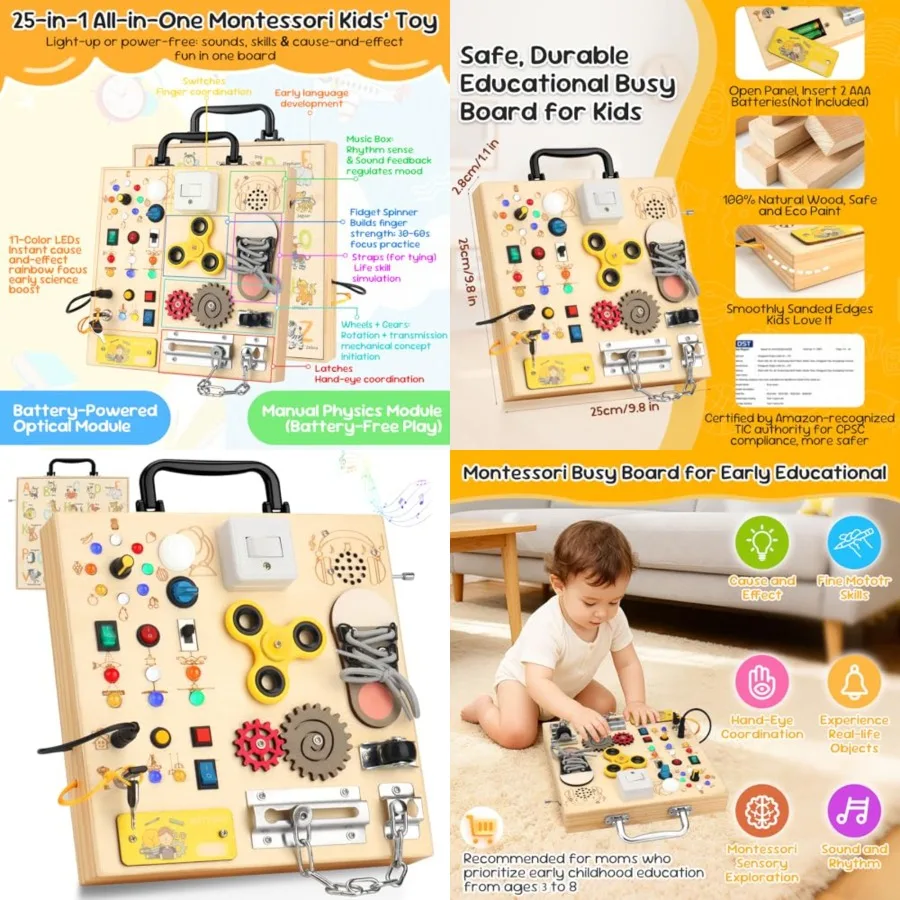 

Wooden Busy Board with LED Light Montessori Baby Learning Toys for Toddlers, Sensory Activity Board, Travel Educational Toy Boy
