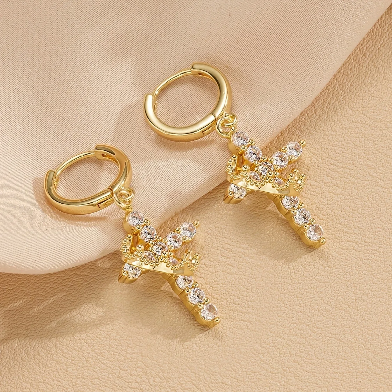 Pendientes de cristal con diseño de cruz y circonitas, con baño de oro, estilo clásico, ideales para madres y mujeres, joyería religiosa, regalo para la Primera Comunión.