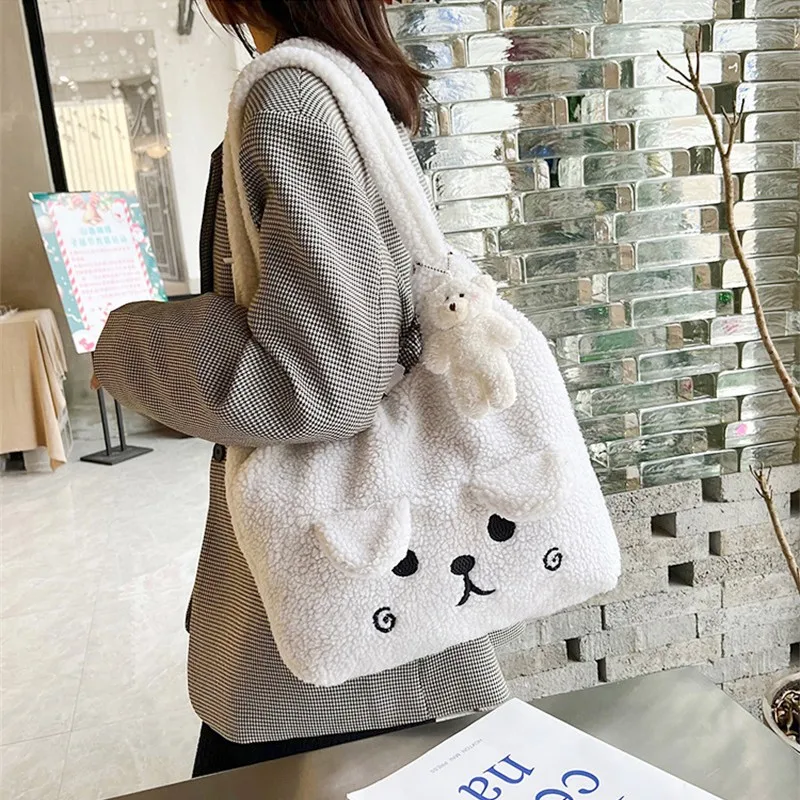 2023 Winter Soft Plush Tote Bag Cartoon Embroidery Imitation Lamb Hair Shoulder Bag for Women Shopper Bag Handbag Shopping Bag