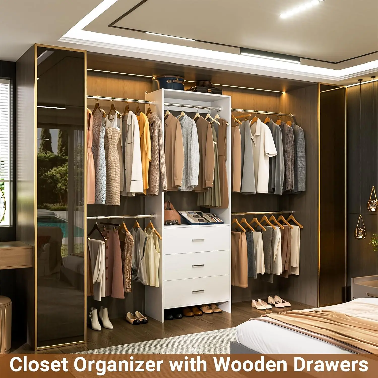 Closet System,  Organizer with 3 Wooden Drawers, Closet Organizer System, Walk-in  Wardrobe Clothes Rack with 4 Hang