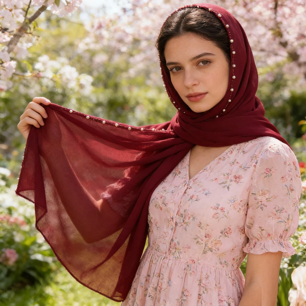 

Новый шифоновый платок с вышивкой и жемчугом, хиджаб с бисером, женский головной платок, шаль, бандана, повязка на голову, буфанда, фулярд, тюрбан для женщин