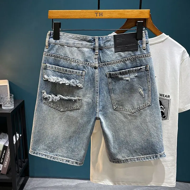 98.5% Pure Cotton Ripped Denim Shorts Men's Summer Straight Retro Hip Hop Hole Streetwear Y2K Pants Korean Fashion Short Jeans