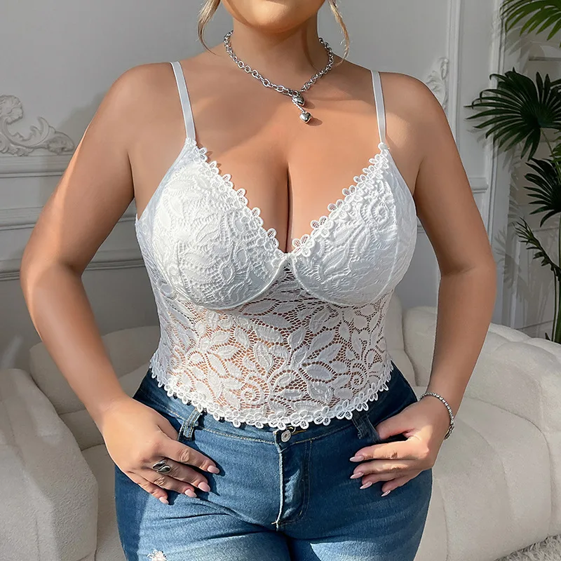 

XL-4XL Oversized White Women's Sexy and Romantic Top, High-end Basic Strappy Vest, Solid Color Lace Bra Exotic Sets