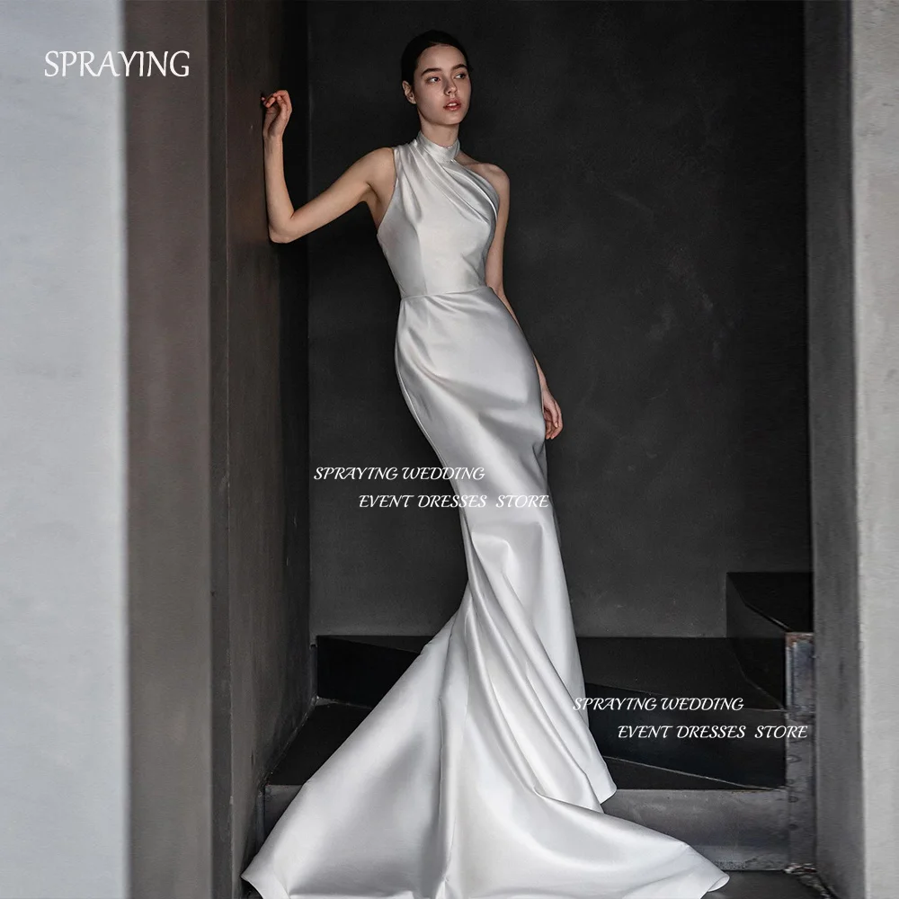 

SPRAYING Gorgeous Wedding Dresses High Collar Pleat Sleeveless Sheath Bridal Gown Court Train Elegant Party Dresses Photo Shoot