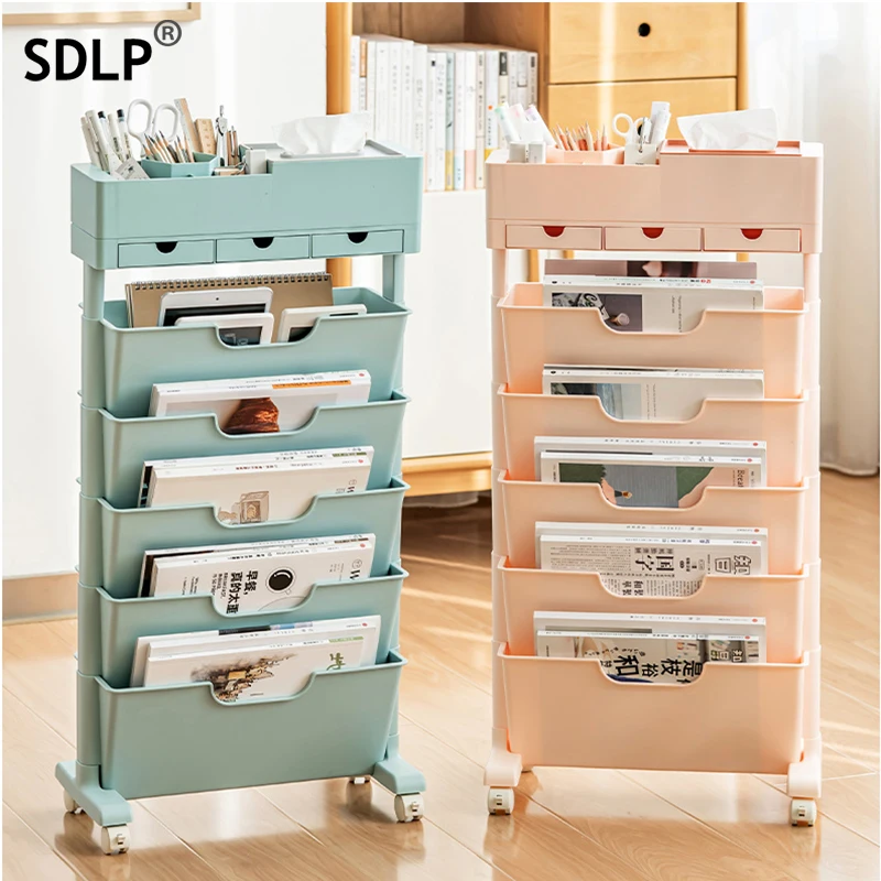 SDLP Movable Book Rack Large Capacity Bookshelf Storage Shelve Book Organizer File Bookcase With Drawer Student Office