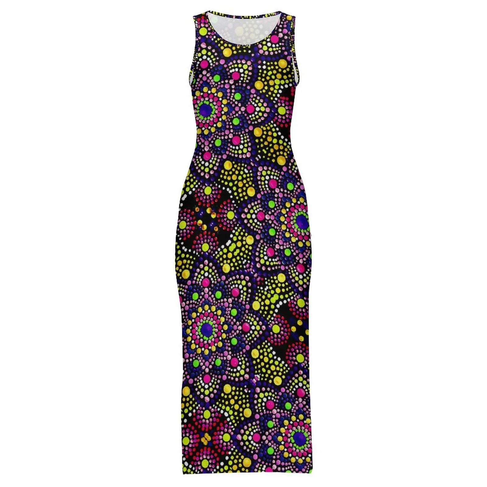 여성 Bodycon 드레스 예쁜 레트로 만다라 맥시 드레스 봄 다채로운 프린트 민소매 미적 디자인 드레스 대형