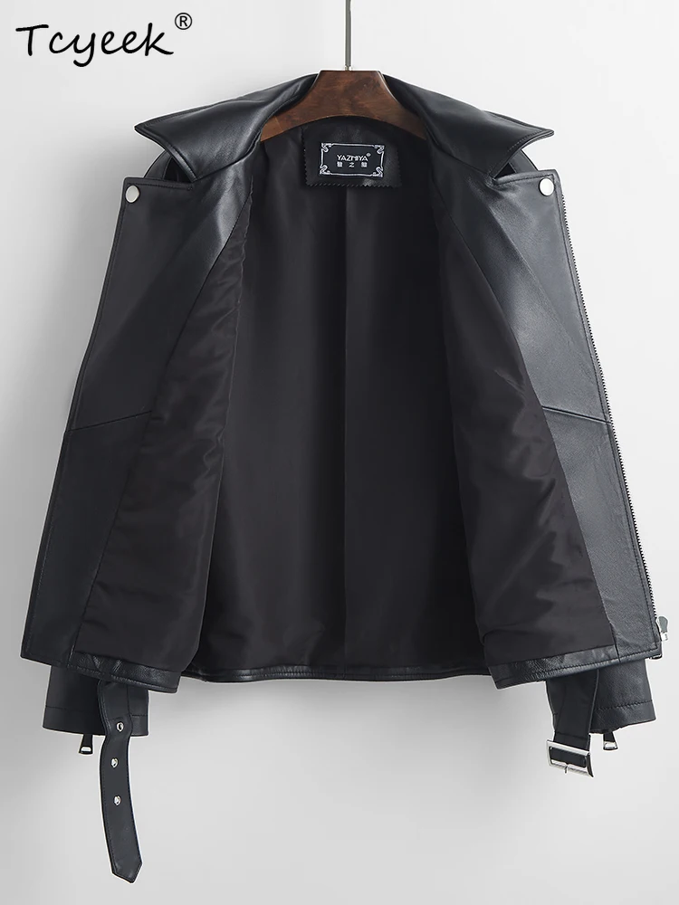 Tcyeek หนังแกะจริงผู้หญิงแจ็คเก็ตหนังฤดูใบไม้ผลิฤดูใบไม้ร่วงคอยาวแขนยาวสีดําสั้นเสื้อแจ็คเก็ตรถจักรยานยนต์ Chaqueta Cuero