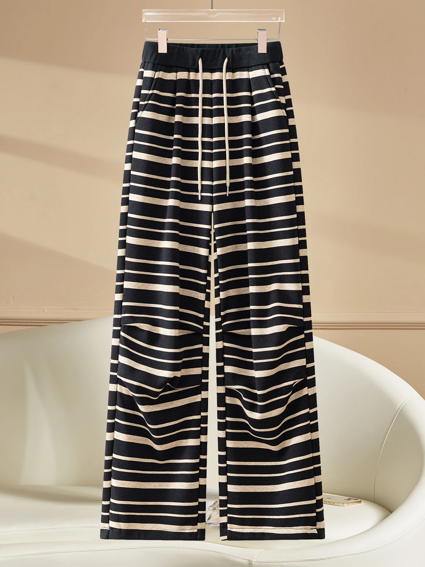 

Утепленные флисовые брюки с широкими штанинами для женщин, осенне-зимние, с высокой талией, свободные, повседневные, в полоску, в стиле Dreamy Elegance