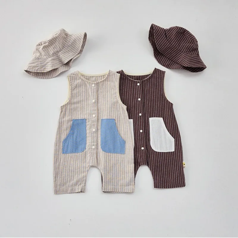 

New Summer Baby Children's Vertical Stripes Sleeveless Jumpsuit 0-3Y Boys' O-Neck Patch Rompers+Hat 2Pcs Trendy Toddler Outfits