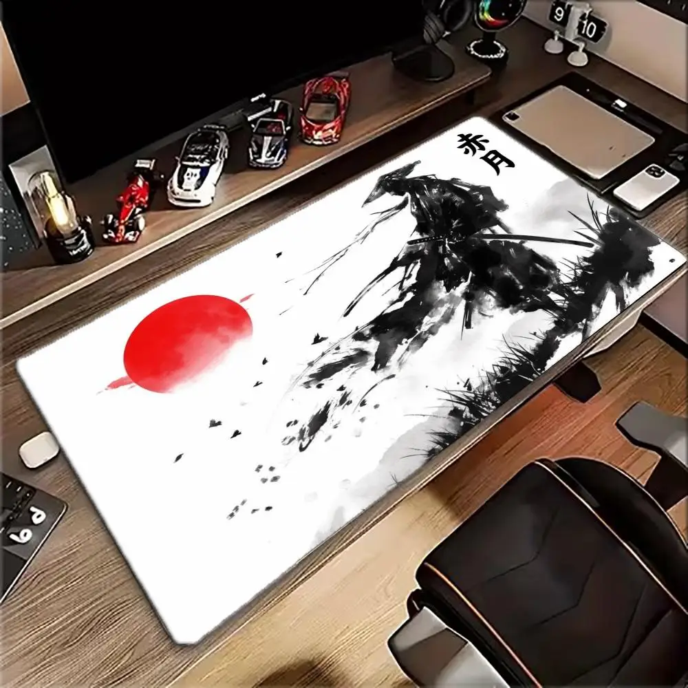 Cool Ink Wash Samurai Red Sun Mouse Pad Large Extended Gaming Desk Mat Non-slip Rubber Base Stitched Edges Big Mousepad Pad