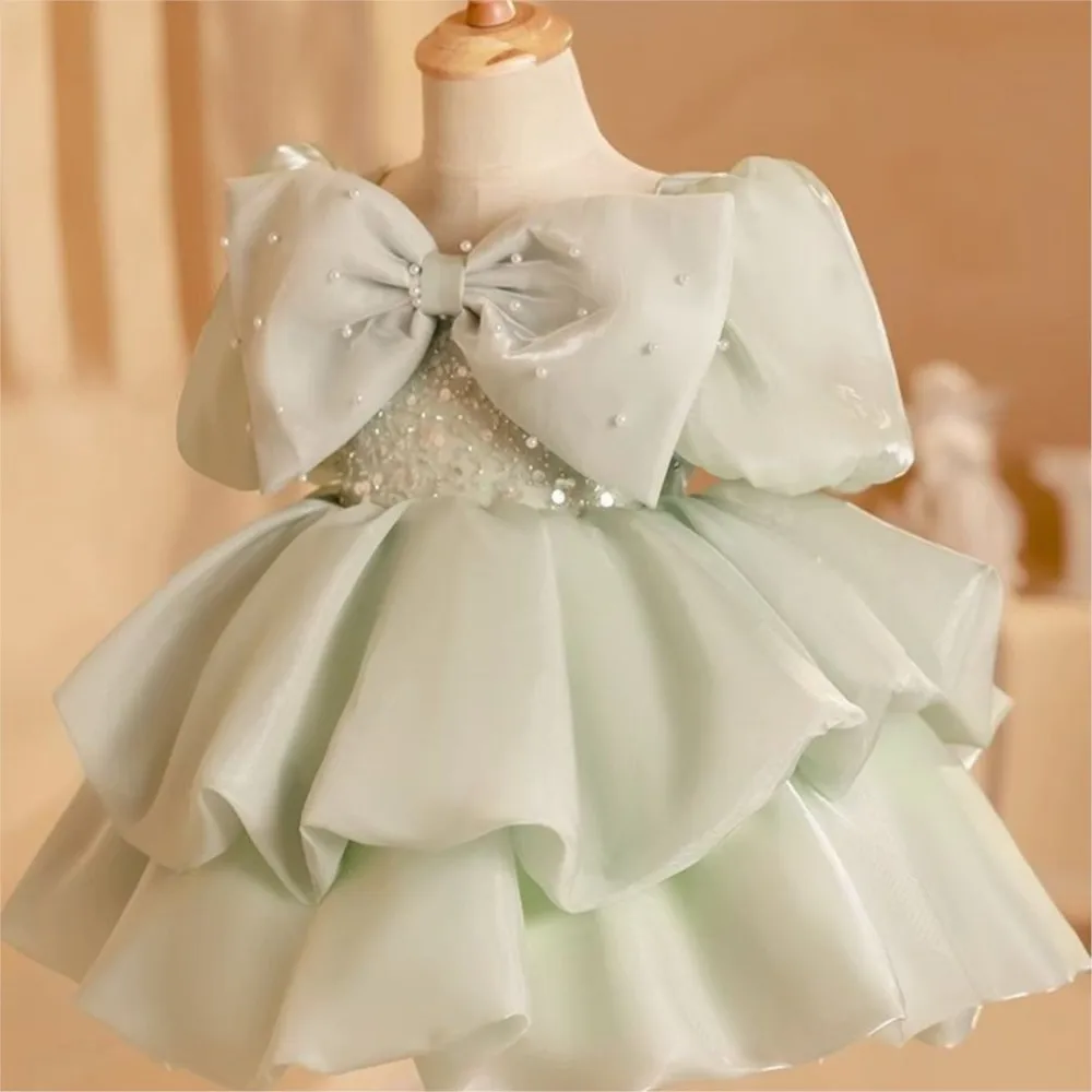 Multi layer bubble sleeve bow studded pearl girl princess dres children's cute birthday party  evening dress