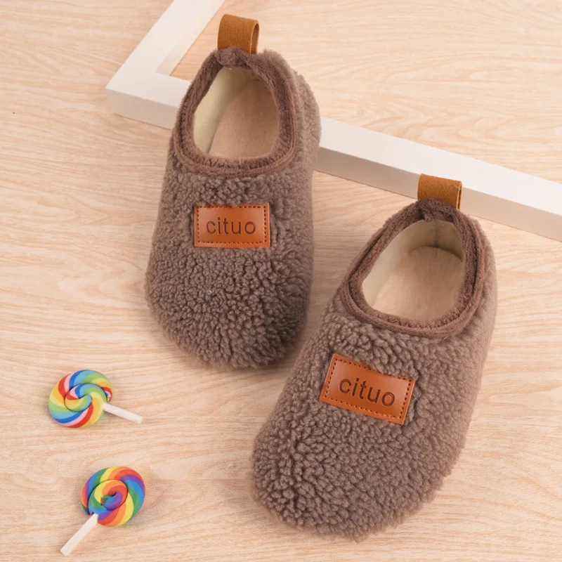 Children Cotton Slippers Solid Warm Kids Winter Home Shoes Boys Girls Plush Floor Shoes Indoor Soft Sole Anti-slip Cotton Shoes