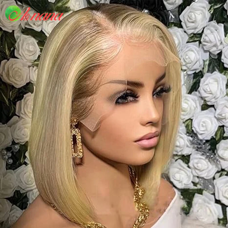 شعر مستعار قصير مستقيم بوب مع Balayage الضوء ، الرماد شقراء الشعر البشري ، قبل قطعها خط الشعر الطبيعي ، أومبير ، 13x4