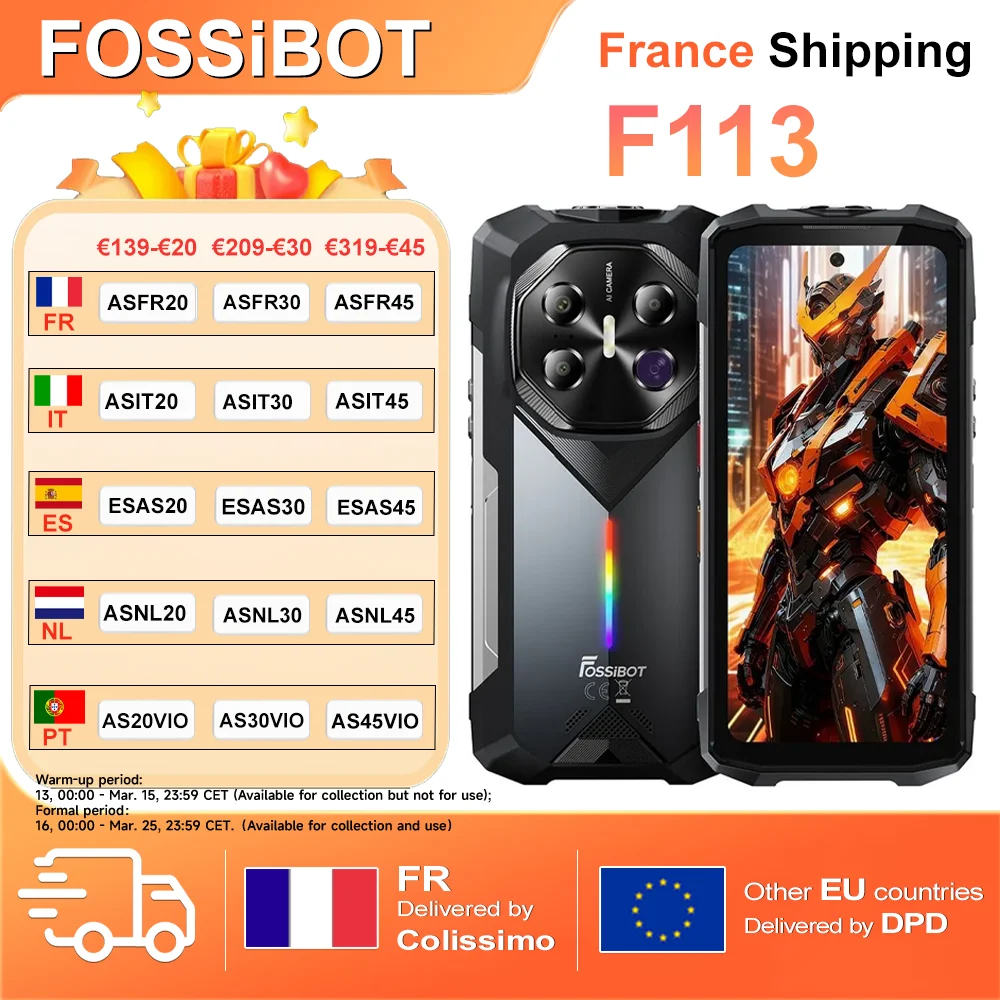 Fossibot F113 téléphone robuste 36GB(12 + 24) + 256GB 5G 6.78 "120Hz 20000mAh Android 15 64MP IP68 téléphone robuste NFC