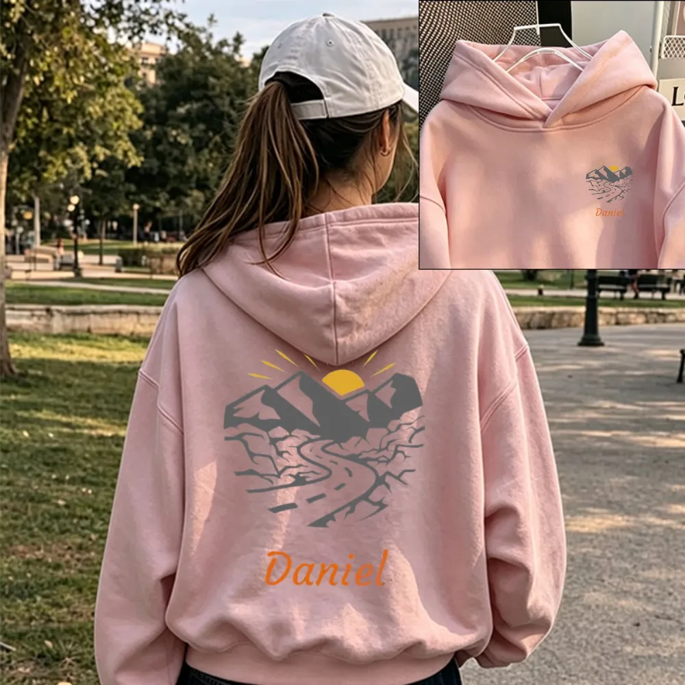 Custom Hooded Sweatshirt Mountain Sunset River Daniel Text Personalized Camping Matching Outdoor Adventure Family Streetwear Top