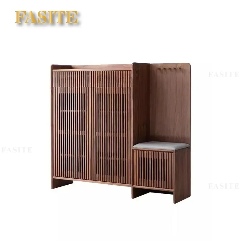 For North American Black Walnut Solid Wood Shoe Cabinet Modern Simple Small Apartment Entrance Storage with Railing Door