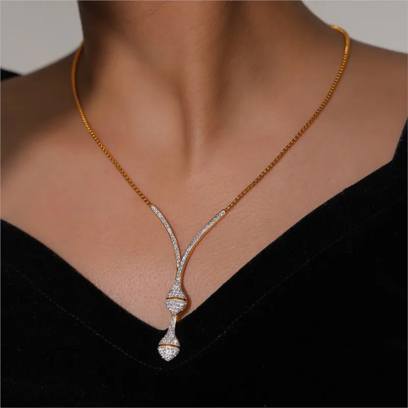 Women's Stainless Steel Inlaid Zircon Pendant Necklace Bangles 18K Gold Plated Waterproof Necklaces Bangle Jewelry Set For Women