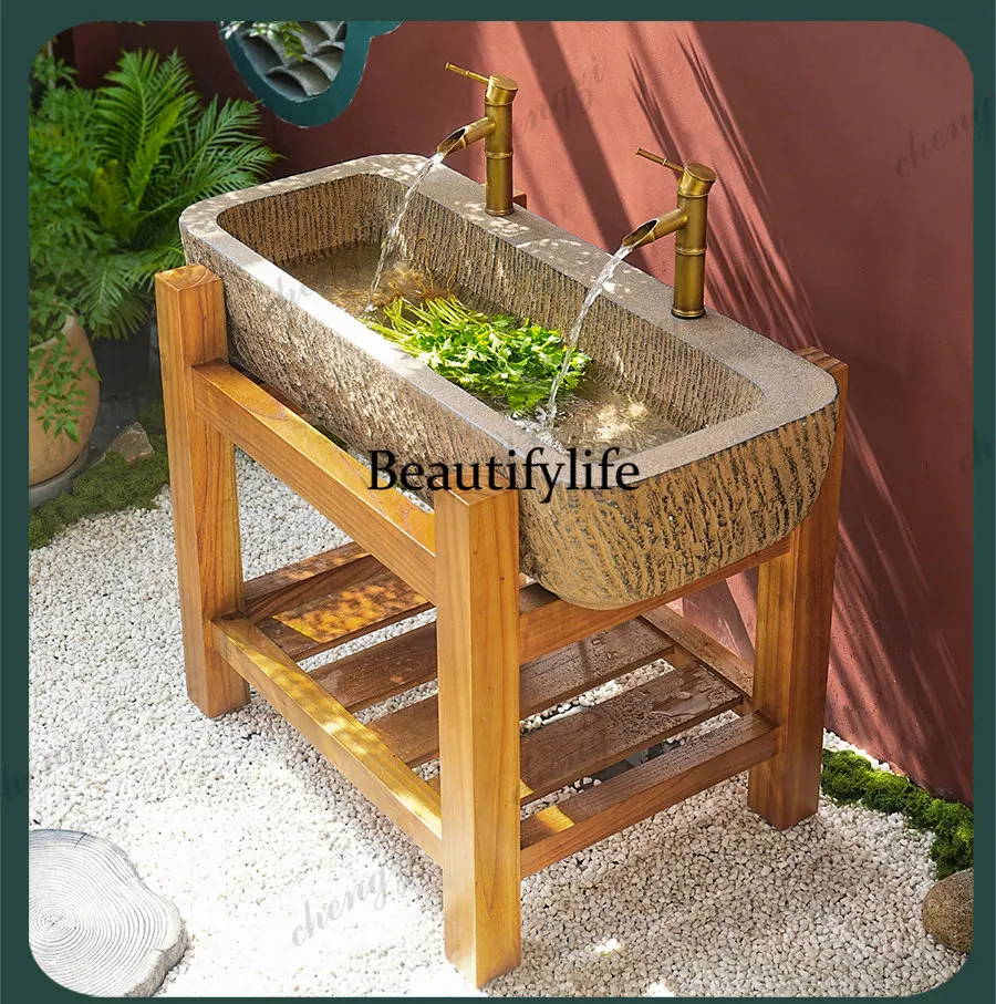 Outdoor courtyard imitation stone trough wash basin, double dragon head large sink wash basin integrated basin