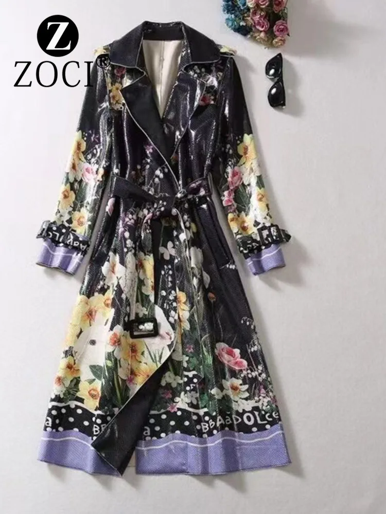 

[ZOCI] Early Autumn Floral Print Suit Collar Long Sleeve Waist Wrapped Mid length Windbreaker Coat