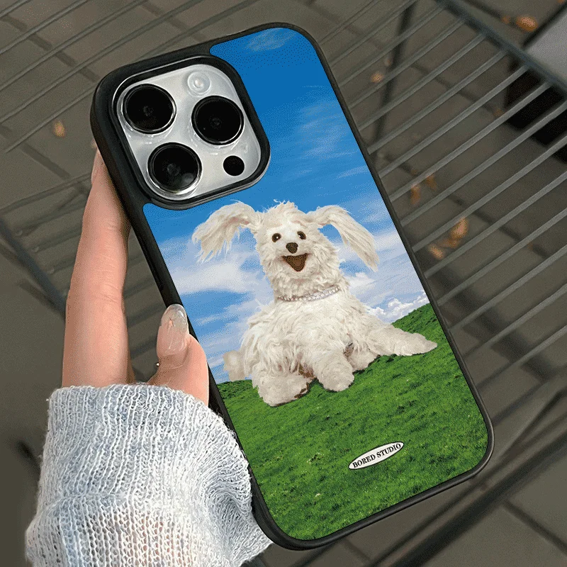 Blue Sky Happy Cute Dog Black Edge Soft Shell Phone Case for IPhone 15 14 13 12 11 Pro Max XR XS 7 8 Shockproof Soft Case Fundas