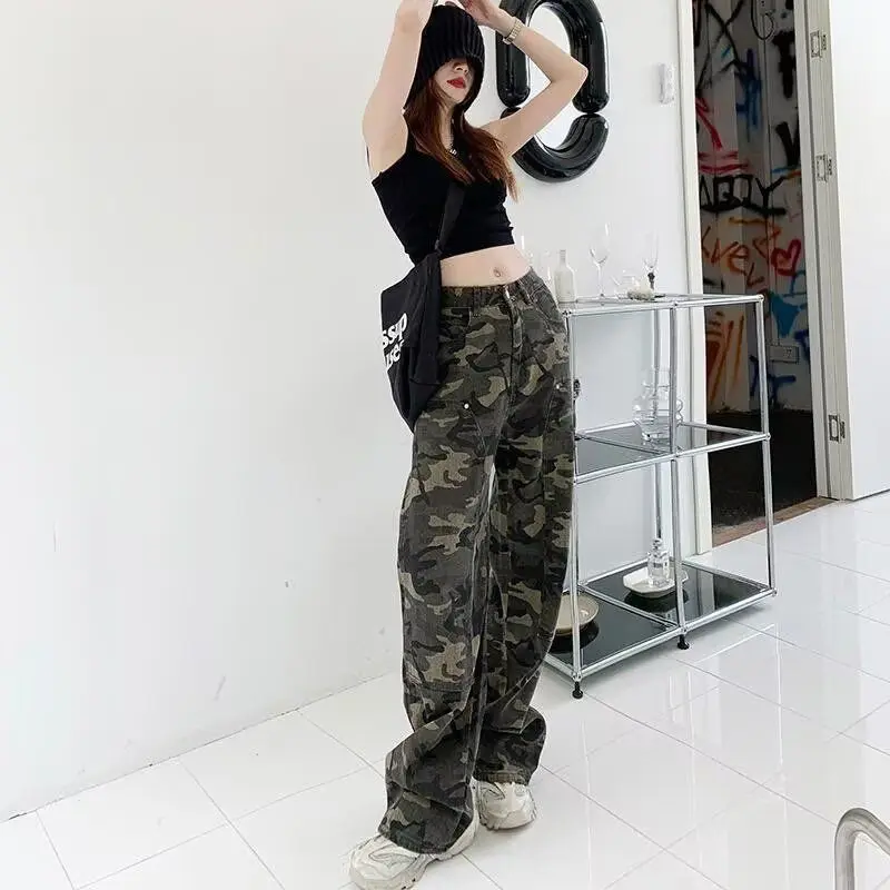 

American Style Wide Leg Pants Women's plus Size Spring Loose Straight Denim Slim High Waist Trousers Casual Cotton Blend