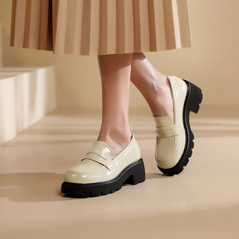 Loafers Shoes Women Genuine Leather 2026 Spring Platform Green Women Plus Size Shoes British Style Fashion School Shoes Women